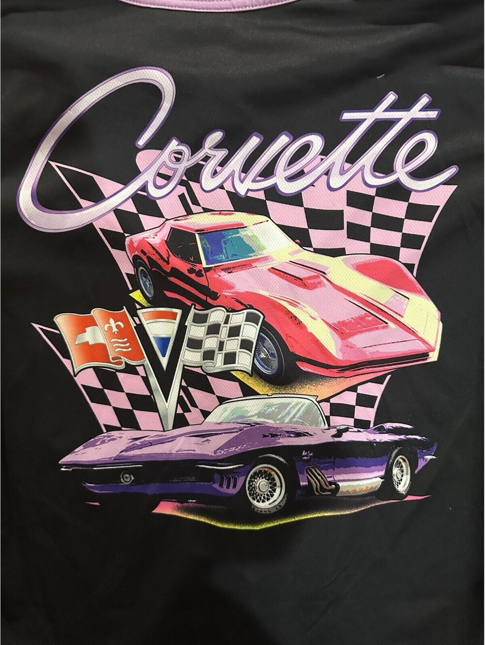 Corvette Baseball Jersey Black Pink Checkered Flag Racing Graphic Size L